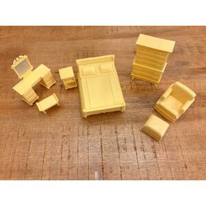 Vtg Marx Dollhouse Furniture Bedroom Bed Vanity Bench Chair Ottoman Dresser